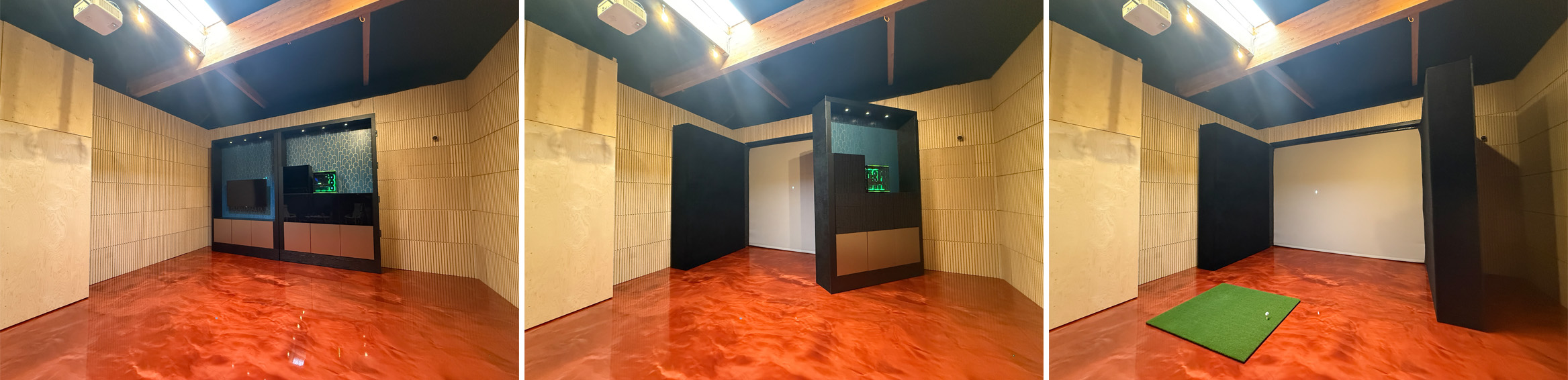 Three-step view of a transforming indoor golf enclosure that converts from a beautiful room to a full golf simulator in about 20 seconds.